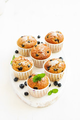Oat muffins with blueberries on a dark background.