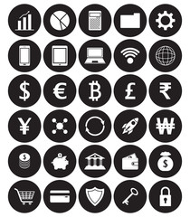 White Fintech Flat Icons In Front Of Black Circles On White Background