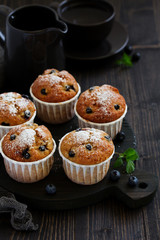 Oat muffins with blueberries on a dark background.