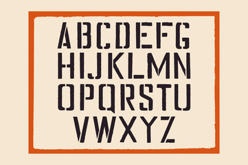 Stencil english alphabet. Stamp stencil letters with a frame. Stamp isolated font for urban retro signage.