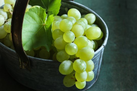 White Table grapes on rustic vintage basket still life, selective focus