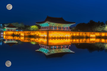 The pavilions of Anapji Pond lit up as evening comes on in Gyeongju, South Korea