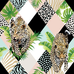 Tropical palm leaves and exotic leopard background. Seamless vector pattern with jungle leaves in trendy style.