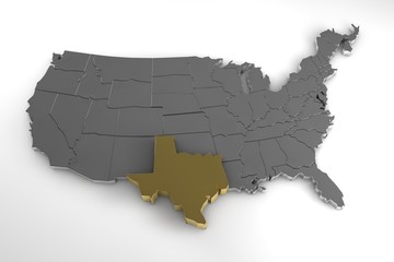 Fototapeta premium United States of America, 3d metallic map, with Texas state highlighted. 3d render