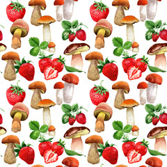 Fototapeta na wymiar Mushrooms healthy food pattern in a watercolor style. Full name of the vegetable: mushrooms. Aquarelle wild vegetable for background, texture, wrapper pattern or menu.