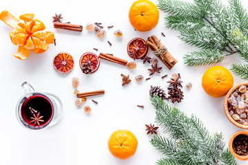 Celebrate new year winter evening with hot drink. Mulled wine or grog ingredients. White background...
