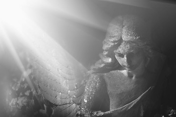 Sad wonderful angel in the rays of the sun. Antique statue. (architecture, statue, archetype, religion, faith)