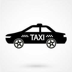 Taxi cab black vector icon. Taxi car side view.