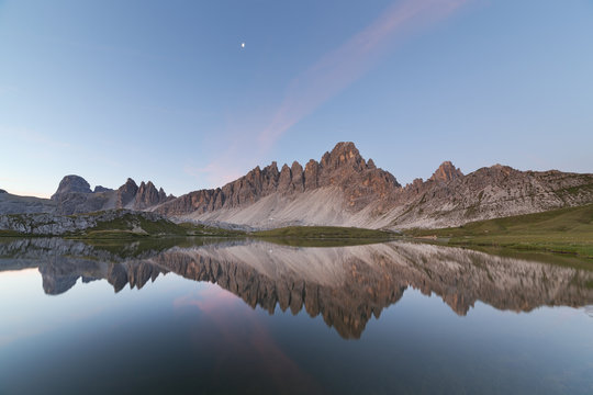 Dawn at Piani Lakes with Paterno Mount, Dolomites, Innichen, South Tyrol, Italy