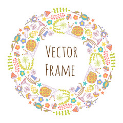 Colorful vector hand drawn set cartoon doodle plants and flowers. Round frame composition.