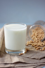 Soybean milk with soy beans around it