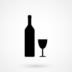 Wine bottle and wine glass silhouette isolated on white background. Vector icon or sign.