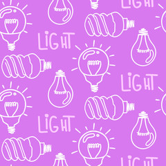 Lamp light bulb hand drawn seamless pattern design. Light bulb icon. 