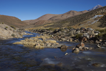 Frozen river in Lauca National Park on the altiplano of northern Chile