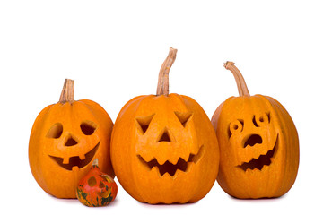 Halloween pumpkin, three funny face isolated on white background