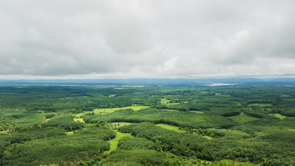 Green forest landscape high angle view with black clouds