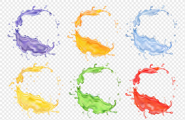 Fruit juice set, transparent realistic colored splashes vector icon
