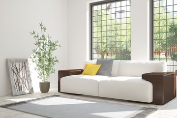 Idea of white room with sofa and summer landscape in window. Scandinavian interior design. 3D illustration