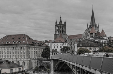 Cathedrale and bridge in Lausanne. B&W photo