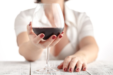 Woman in lingery drink red wine, alcohol for relax