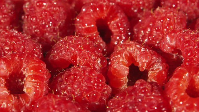 Rotating closeup view of raspberries