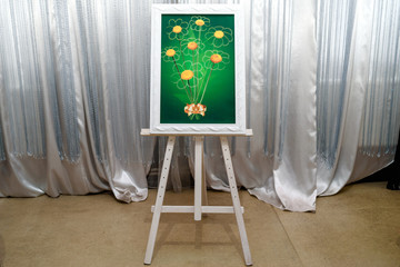 Wedding or birthday wish bouquet of  chamomile for fingerprints of guests on green background in...