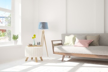 Idea of white minimalist room with sofa. Scandinavian interior design. 3D illustration