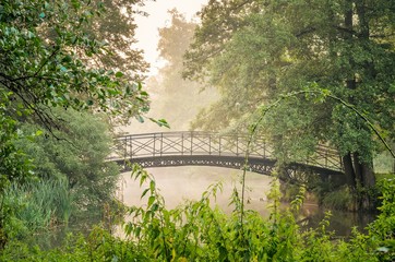 Green park in the morning. Bridge in a beautiful castle park in Pszczyna, Poland.