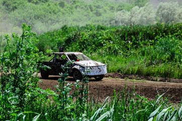 Race of the old wrecked cars. Rally on the open air with dust