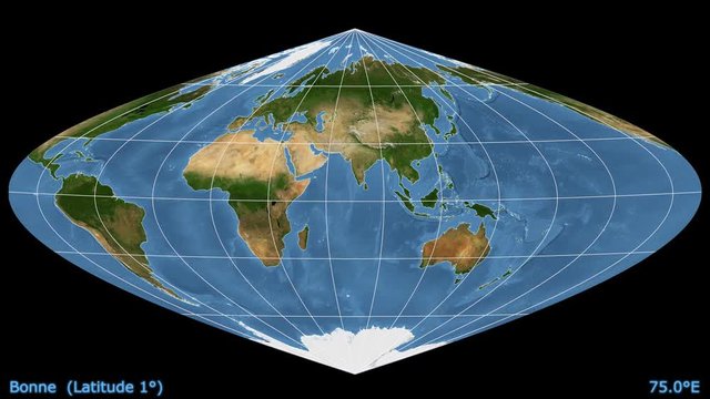 Animated world map in the Bonne (1�) projection. Blue Marble raster