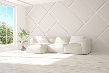 Idea of white room with sofa and summer landscape in window. Scandinavian interior design. 3D illustration