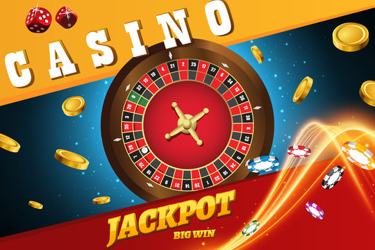 Vector illustration of casino roulette wheel with chips isolated on blue table with place for text