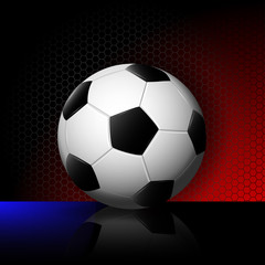 eps 10 vector 3d football ball isolated on football net background with mirror reflection. Russian flag colors. Editable sport poster for web, print. Russia World Soccer 2018 advertising sport banner