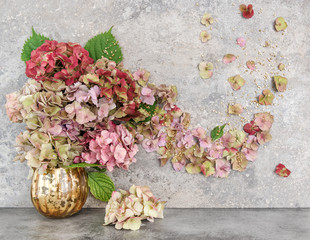 Hortensia flowers bouquet golden decoration.Autumn floral