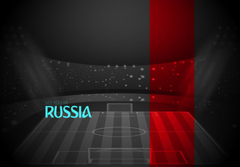 eps 10 vector black and white Russia football promotion poster, stylish red stripe for web, print. World soccer tournament 2018 banner. Soccer field, stadium, spotlights. Sport event design concept