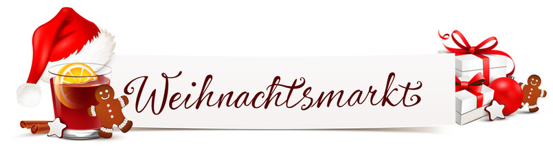 Weihnachtsmarkt - Banner mit Glühwein, Nikolaus Mütze, Geschenke und Lebkuchen