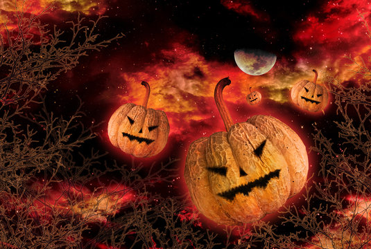 Halloween pumpkin davil with  tree and sky background , double exposure picture