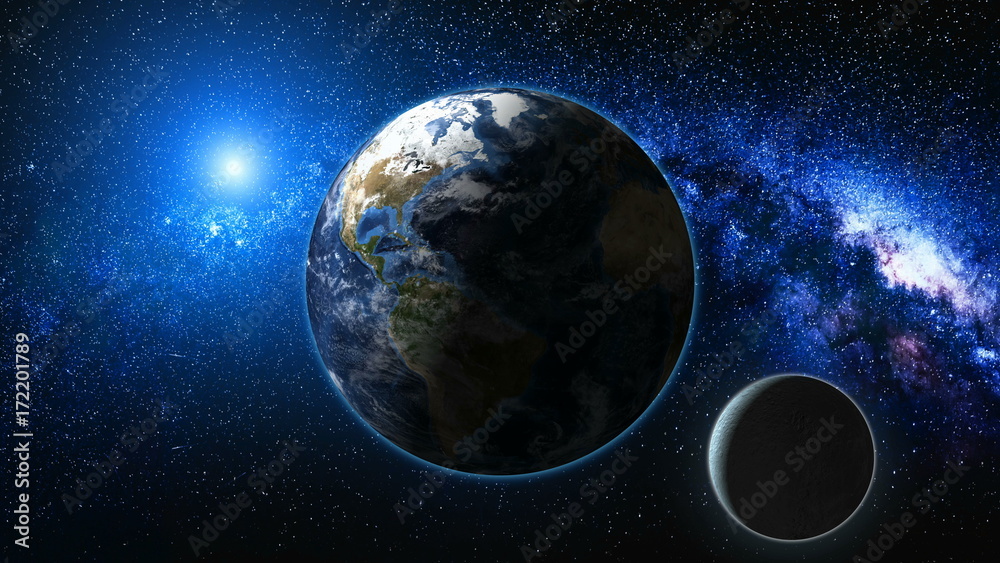 Canvas Prints sunrise view from space on planet earth and moon. milky way with thousand stars in the background. h