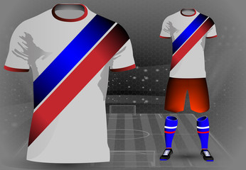 Fototapeta premium eps 10 vector football player 3d uniform design concept with Russian flag color stripes on black and white background. Editable sport poster for web, print. Russia 2018 advertising sport event banner