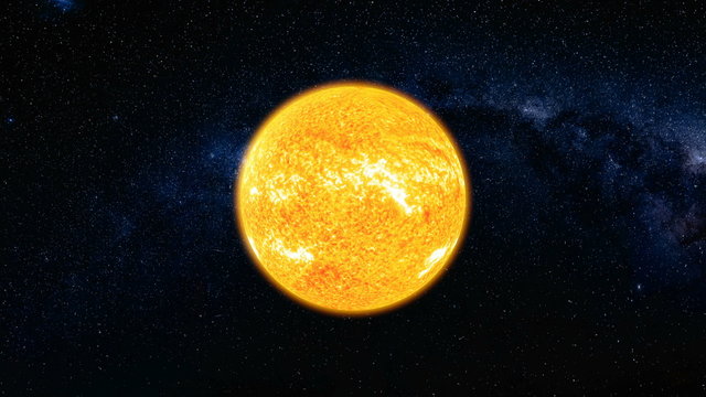 View from space on bright yellow Sun surface with solar flares in black Universe in stars. Abstract scientific background. High detailed 3D animation. Elements of this image furnished by NASA