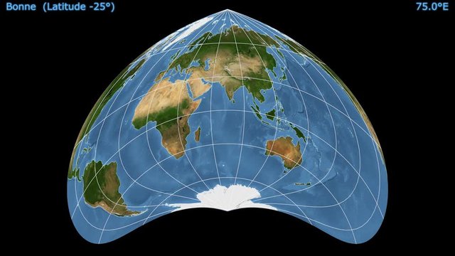 Animated world map in the Bonne (-25�) projection. Blue Marble raster