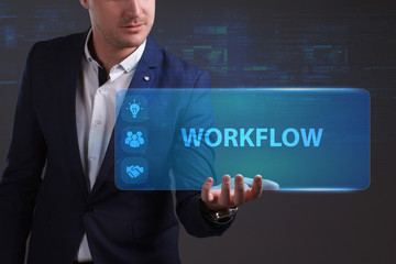 Business, Technology, Internet and network concept. Young businessman working on a virtual screen of the future and sees the inscription: Workflow