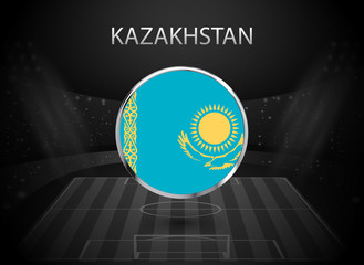 eps 10 vector Kazakhstan flag button isolated on black and white stadium background. Kazakh national symbol in silver chrome ring. State logo sign for web, print. Original colors graphic concept icon