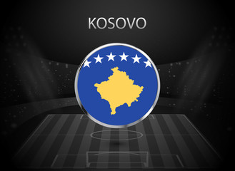 eps 10 vector Kosovo flag button isolated on black and white stadium background. Kosovan national symbol in silver chrome ring. State logo sign for web, print. Original colors graphic design concept