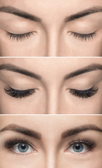 Eyelash removal procedure before and after close up. Beautiful Woman with long lashes in a beauty salon. Eyelash extension.