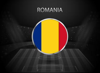 eps 10 vector Romania flag button isolated on black and white stadium background. Romanian national symbol in silver chrome ring. State logo sign for web, print. Original colors graphic design concept