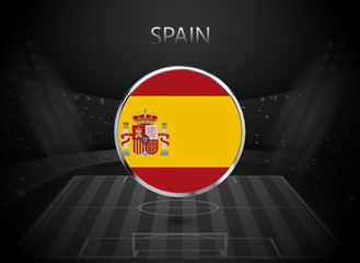 eps 10 vector Spain flag button isolated on black and white stadium background. Spanish national symbol in silver chrome ring. State logo sign for web, print. Original colors graphic design concept