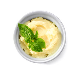 Mashed potatoes in bowl, isolated on white