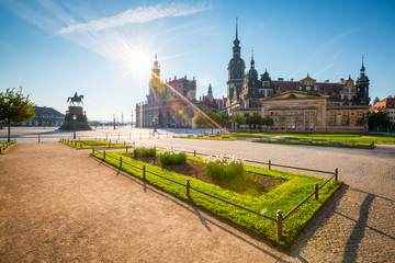 View of the ancient homes at old town. Location place residence kings of Saxony Dresden Castle (Residenzschloss or Schloss), Katholische Hofkirche, Germany, Europe.