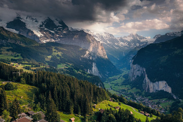 Majestic view of alpine village. Location Swiss alps, Lauterbrunnen valley, Wengen, Europe.